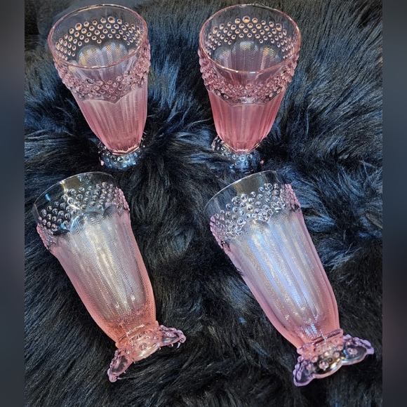 4 Vintage Gorham Emily's Attic Pink Hobnail Herringbone Highball Glasses - Picture 1 of 9